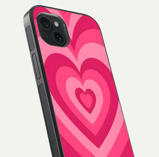 Layered Love Hearts iPhone 15 Plus glass phone case angled back view highlighting heart artwork and textured grip edges