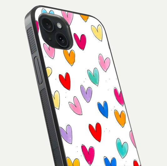 Playful Love Doodles iPhone 15 Plus glass phone case angled back view highlighting doodle artwork and textured grip edges