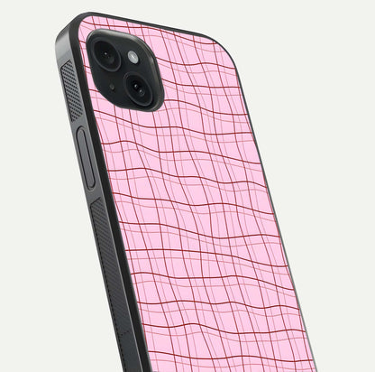 Soft Grid Bliss iPhone 15 Plus glass phone case angled back view highlighting grid artwork and side grip texture