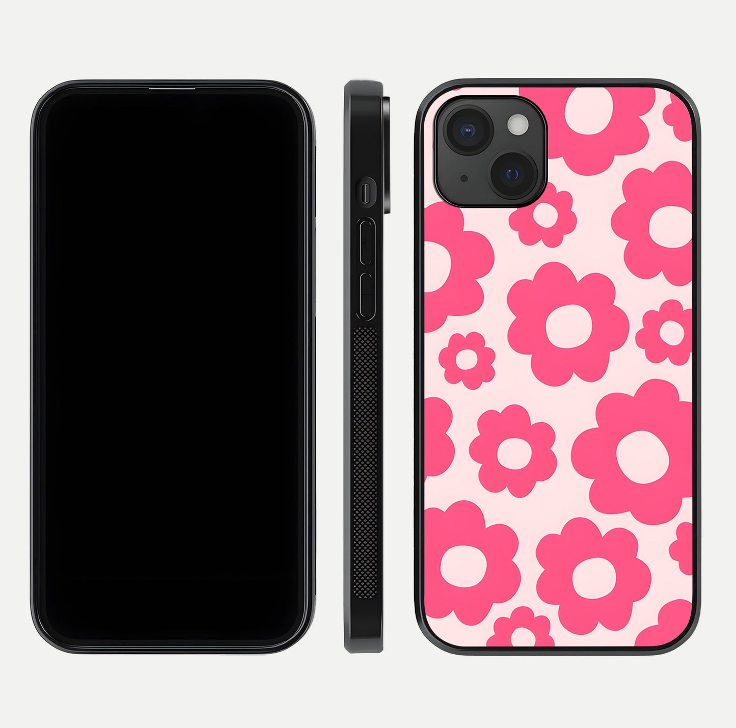 Blush Flower Pop iPhone 15 Plus glass phone case front and side layout view showing slim profile and full floral coverage