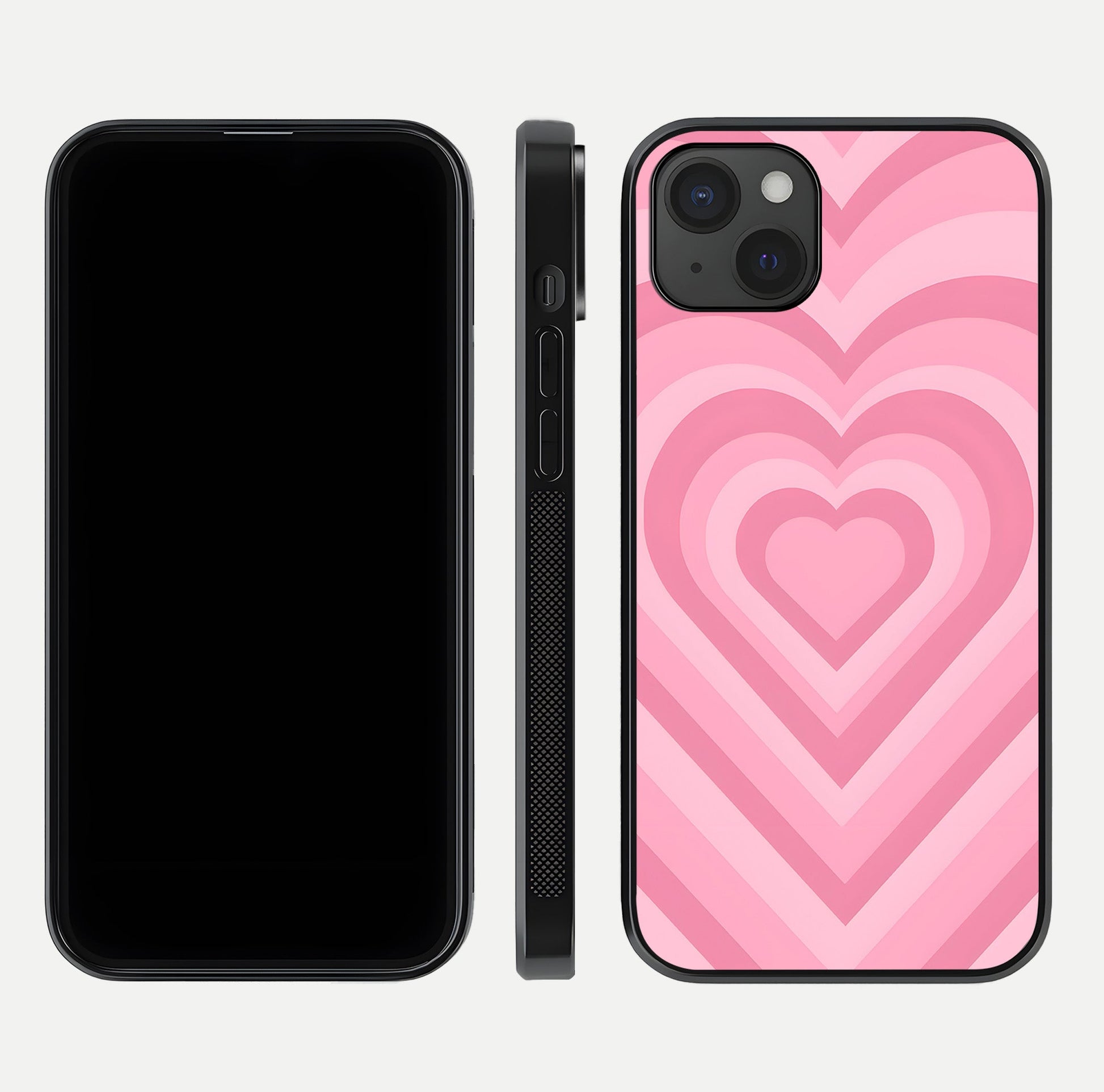 Blush Heart Waves iPhone 15 Plus glass phone case front and side layout view displaying slim frame and full heart pattern