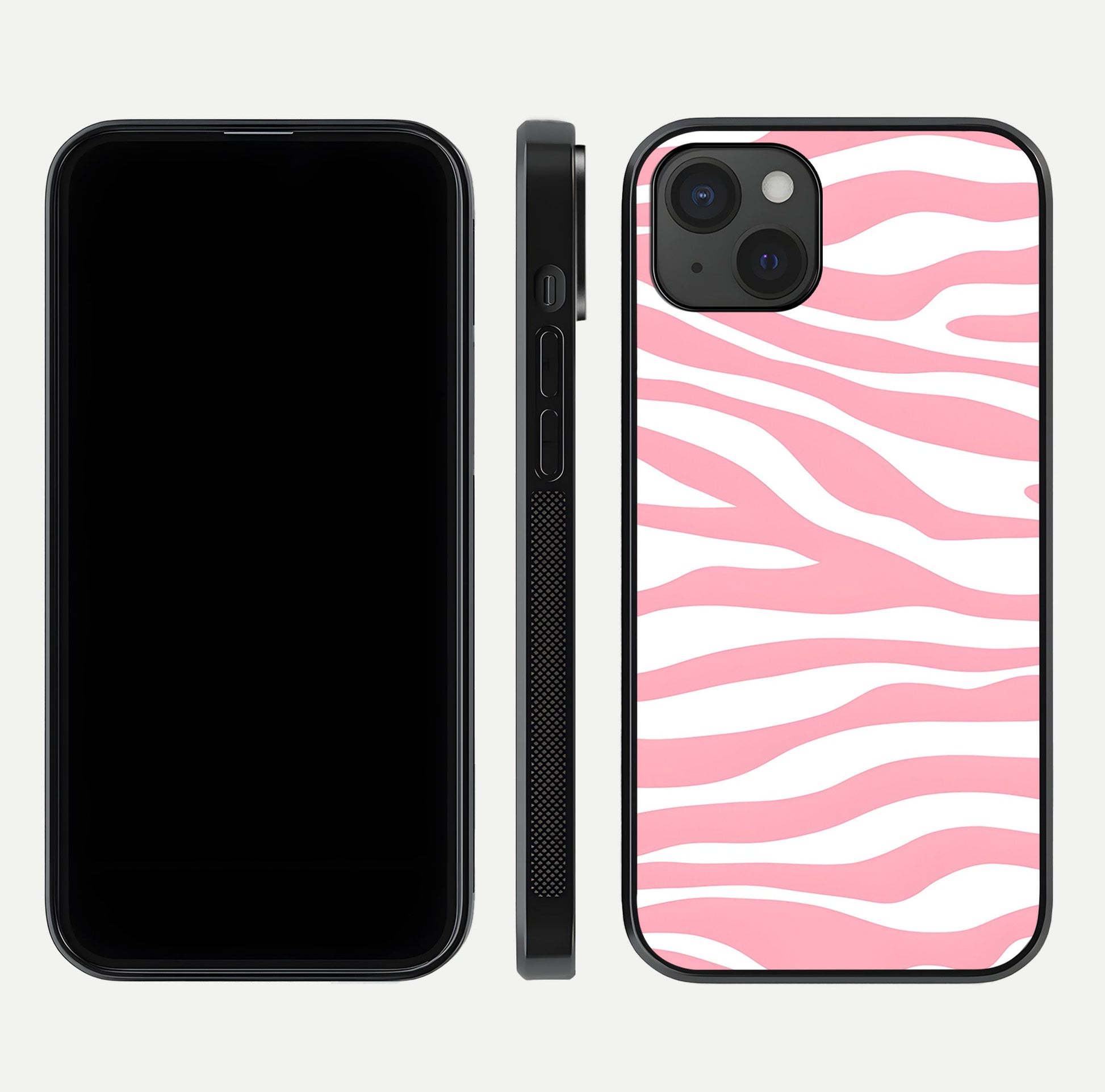Blush Zebra Flow iPhone 15 Plus glass phone case front and side layout view showing slim build and flowing pattern coverage