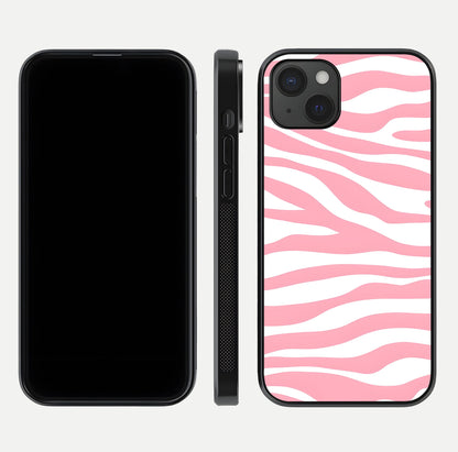 Blush Zebra Flow iPhone 15 Plus glass phone case front and side layout view showing slim build and flowing pattern coverage