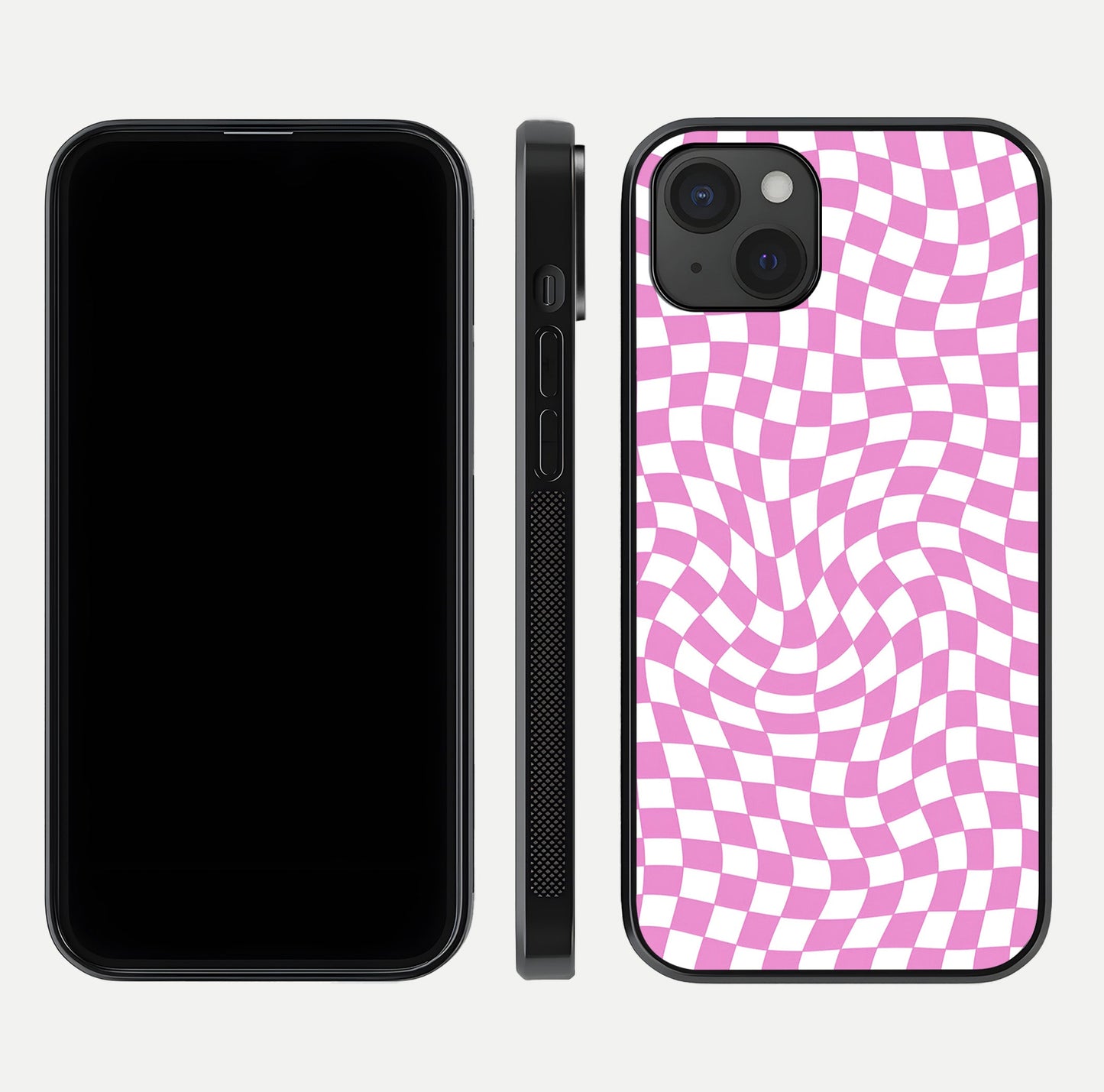 Bubblegum Check Wave iPhone 15 Plus glass phone case front and side layout view displaying slim profile and full pattern coverage
