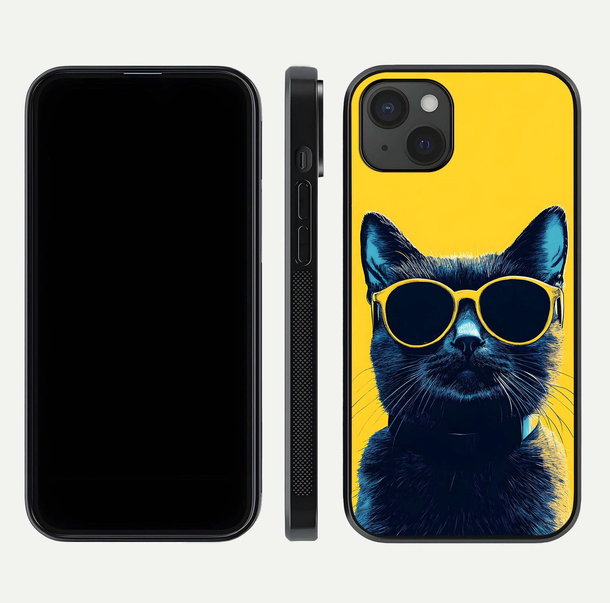 Cool Cat Vibes iPhone 15 Plus glass phone case front and side layout view showing slim frame and full design coverage