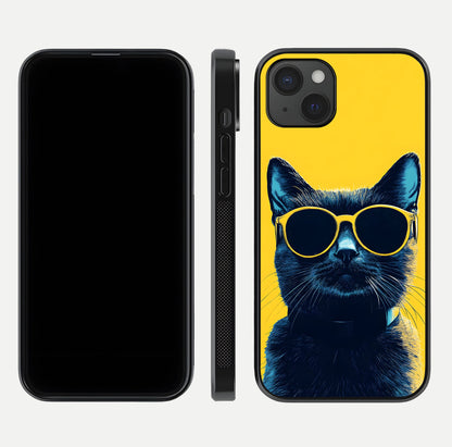 Cool Cat Vibes iPhone 15 Plus glass phone case front and side layout view showing slim frame and full design coverage