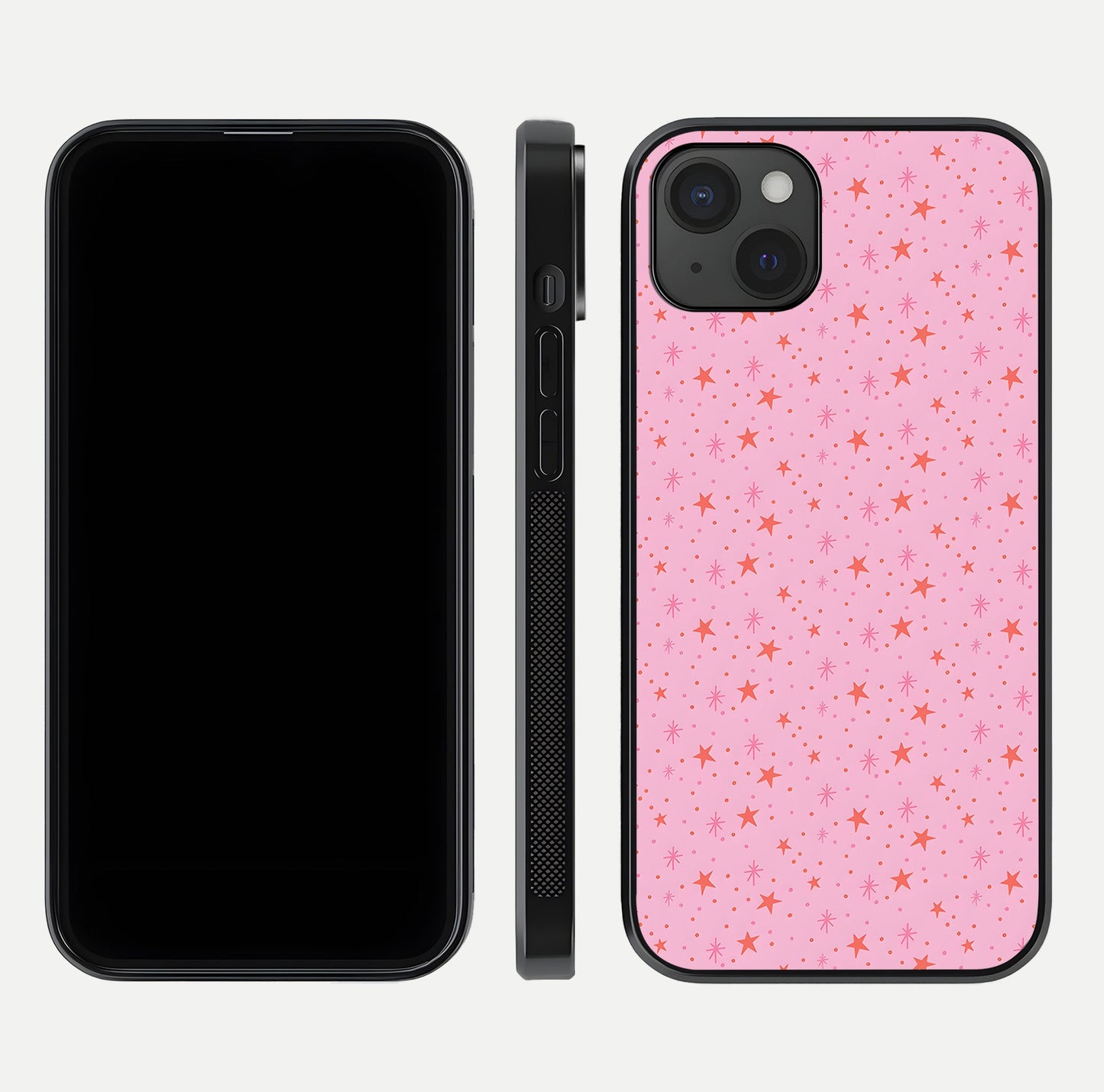 Cosmic Pink Sparkle iPhone 15 Plus glass phone case front and side layout view displaying slim profile and full cosmic coverage