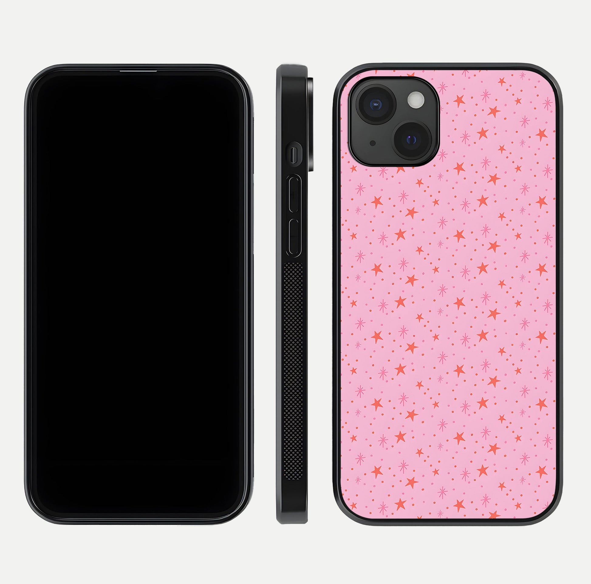 Cosmic Pink Sparkle iPhone 15 Plus glass phone case front and side layout view displaying slim profile and full cosmic coverage