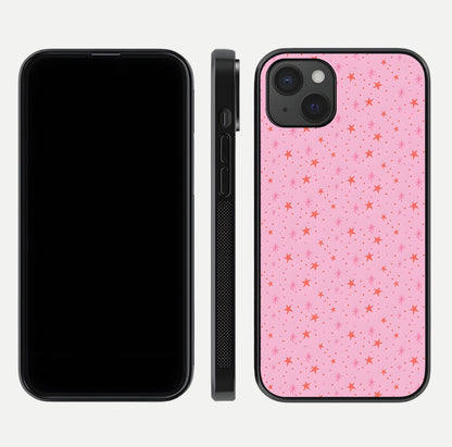 Cosmic Pink Sparkle iPhone 15 Plus glass phone case front and side layout view displaying slim profile and full cosmic coverage