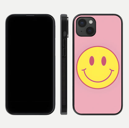Happy Pink Mood iPhone 15 Plus glass phone case front and side layout view showing slim build and full pink coverage