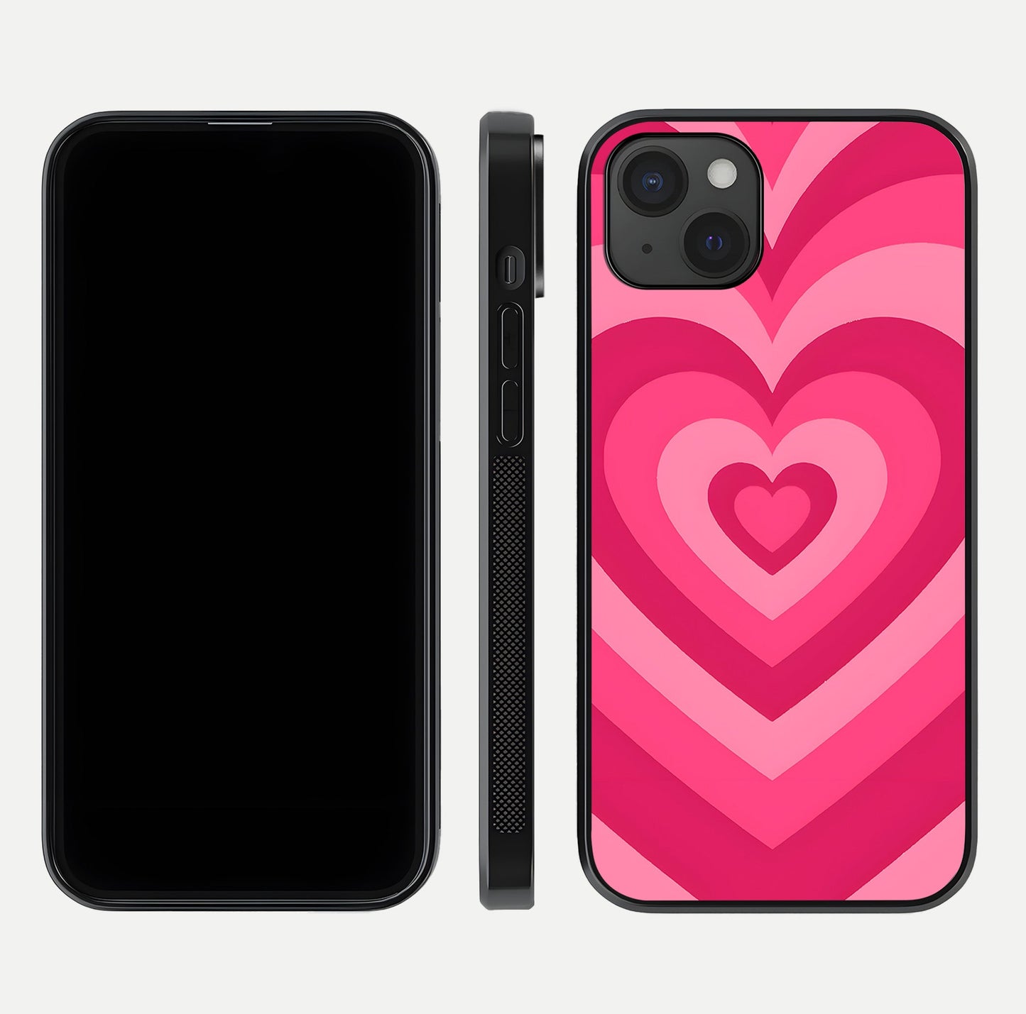 Layered Love Hearts iPhone 15 Plus glass phone case front and side layout view displaying slim profile and full heart design