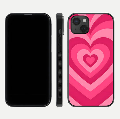 Layered Love Hearts iPhone 15 Plus glass phone case front and side layout view displaying slim profile and full heart design