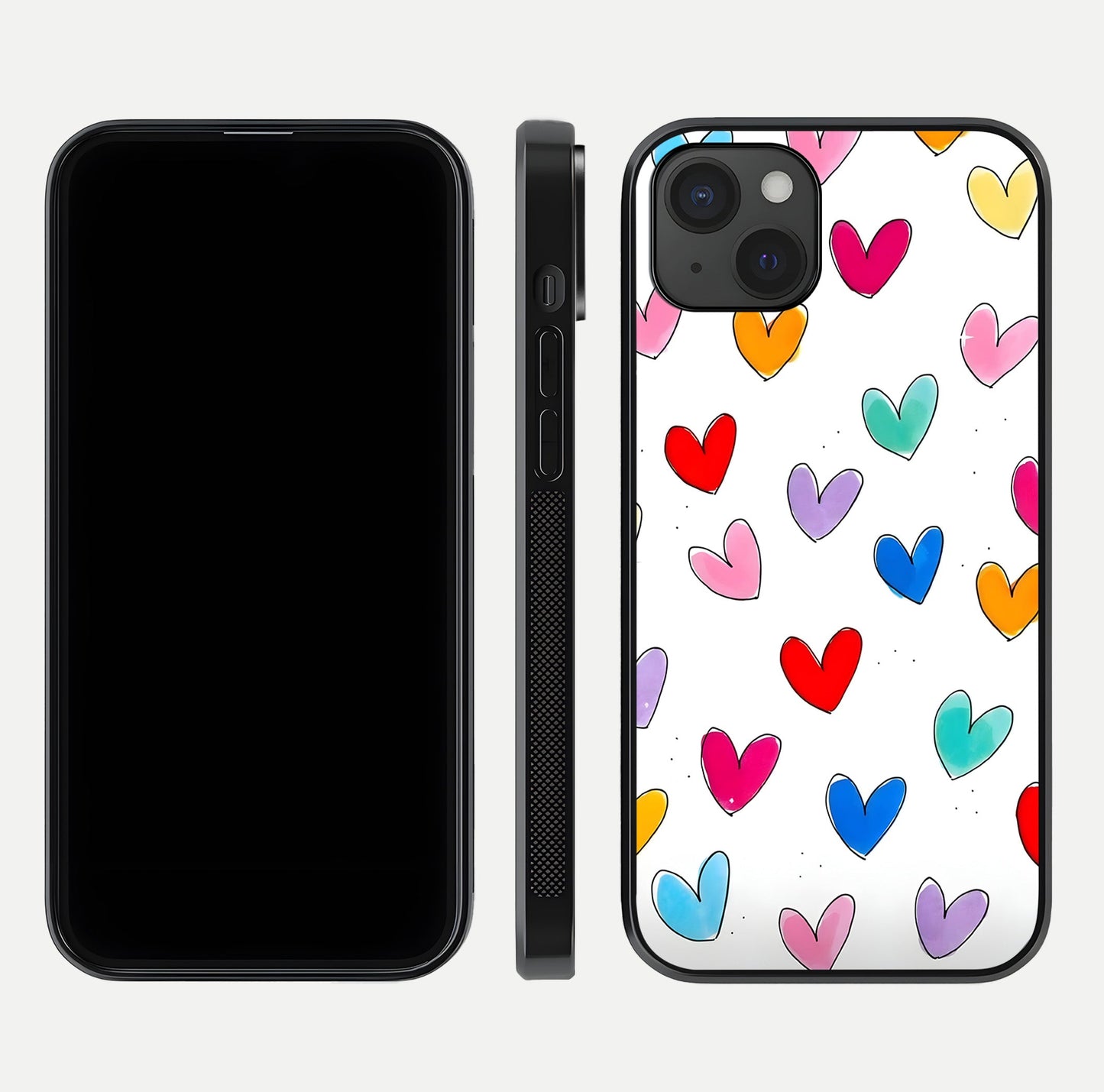 Playful Love Doodles iPhone 15 Plus glass phone case front and side layout view showing slim build and full doodle coverage
