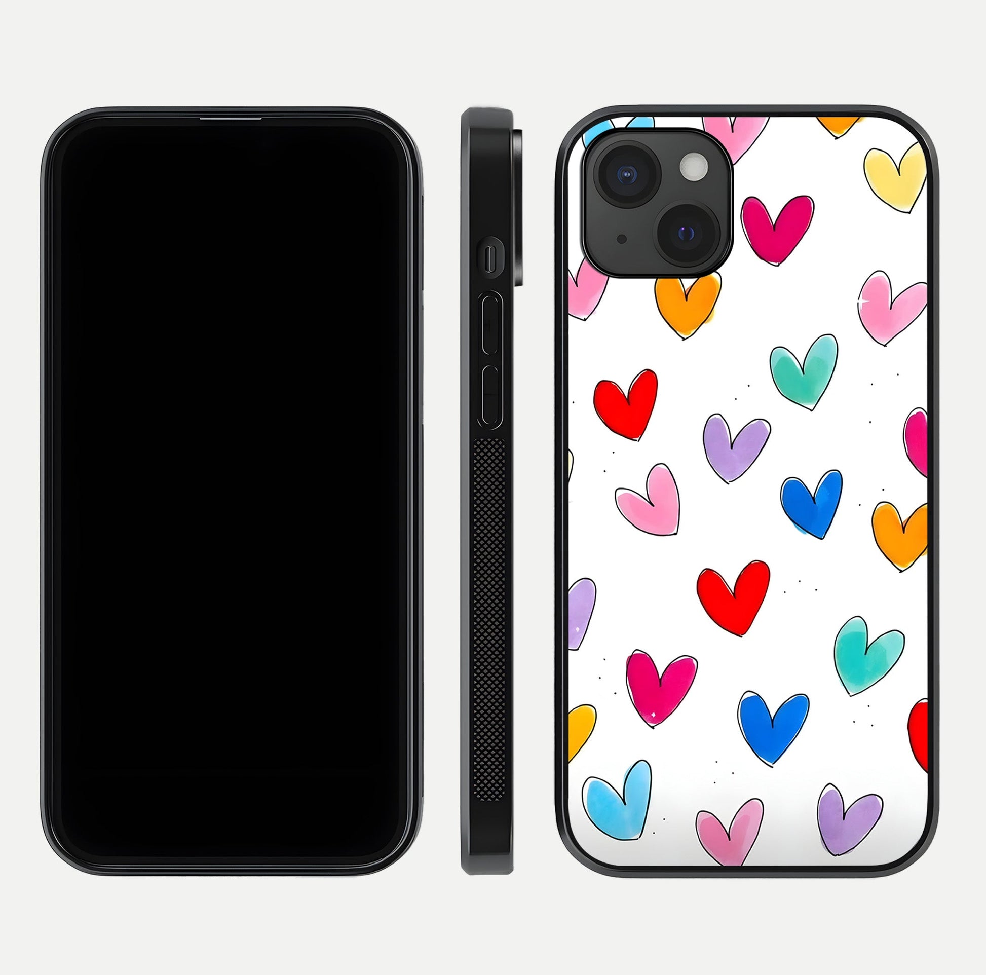 Playful Love Doodles iPhone 15 Plus glass phone case front and side layout view showing slim build and full doodle coverage