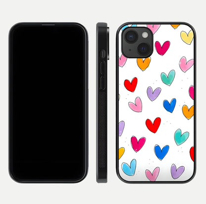 Playful Love Doodles iPhone 15 Plus glass phone case front and side layout view showing slim build and full doodle coverage