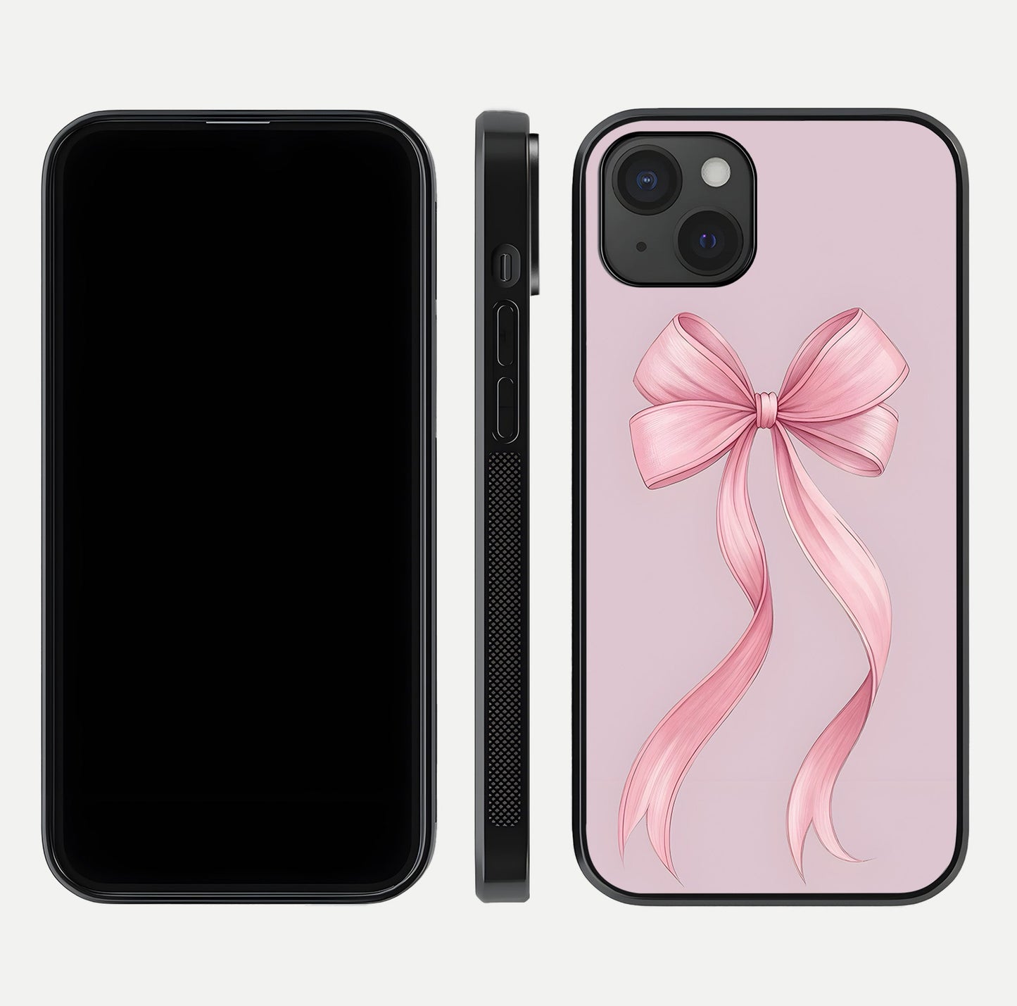 Soft Blush Bow iPhone 15 Plus glass phone case front and side layout view displaying slim profile and gentle aesthetic