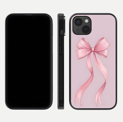 Soft Blush Bow iPhone 15 Plus glass phone case front and side layout view displaying slim profile and gentle aesthetic