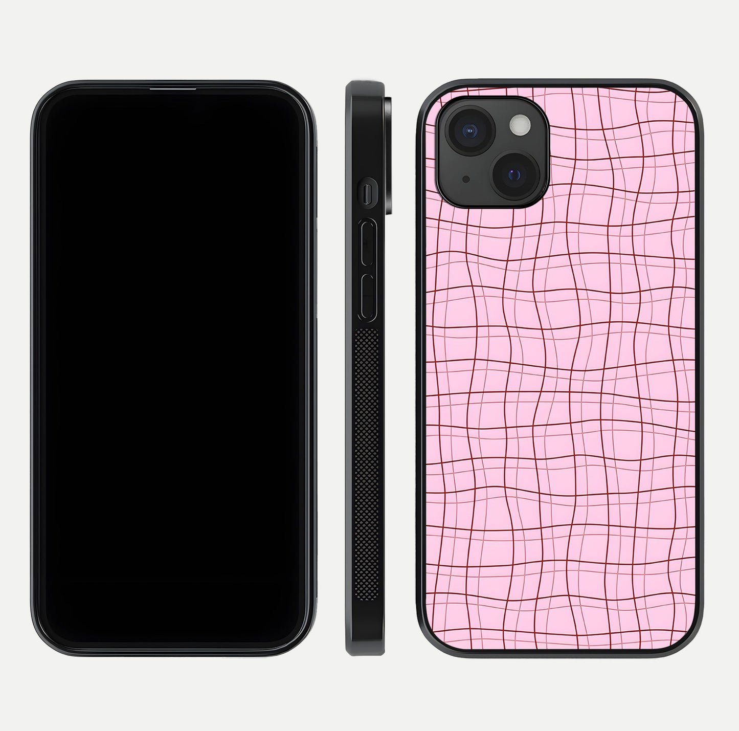 Soft Grid Bliss iPhone 15 Plus glass phone case front and side layout view displaying slim profile and clean design