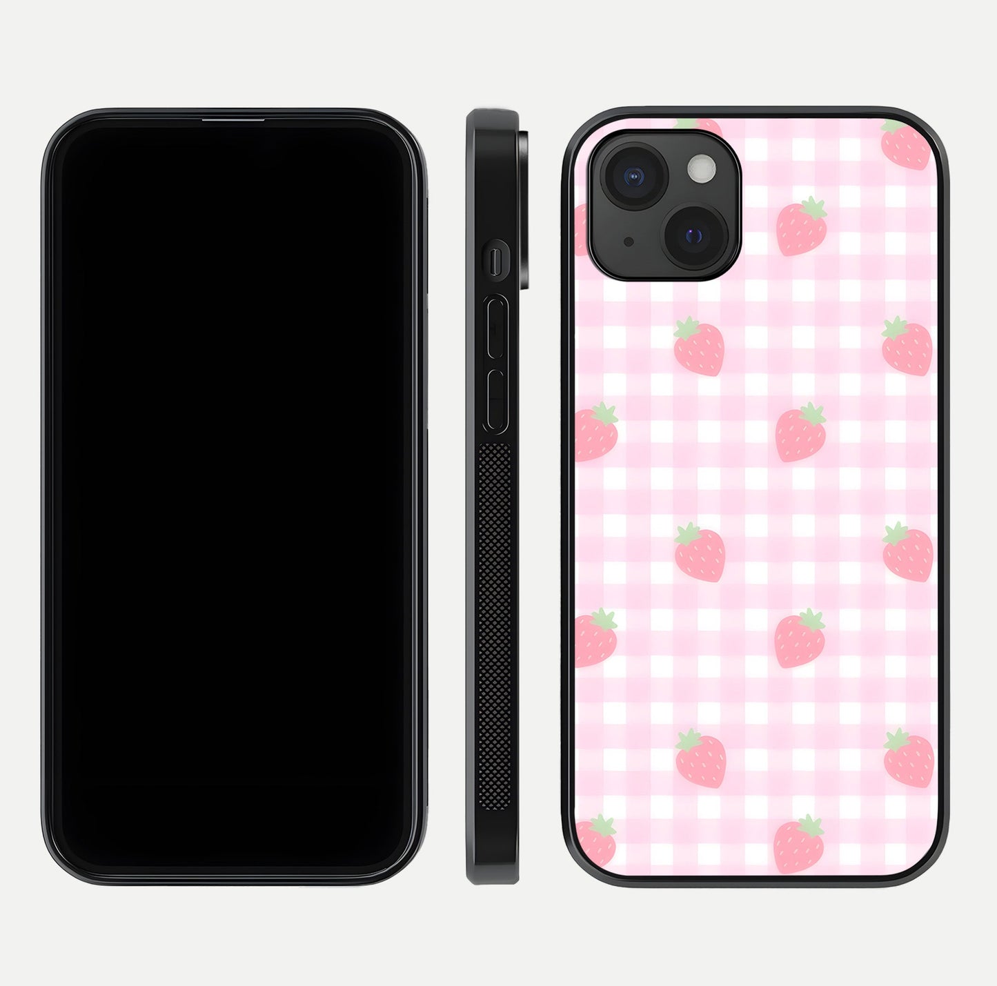 Strawberry Picnic Love iPhone 15 Plus glass phone case front and side layout view showing slim profile and full picnic design