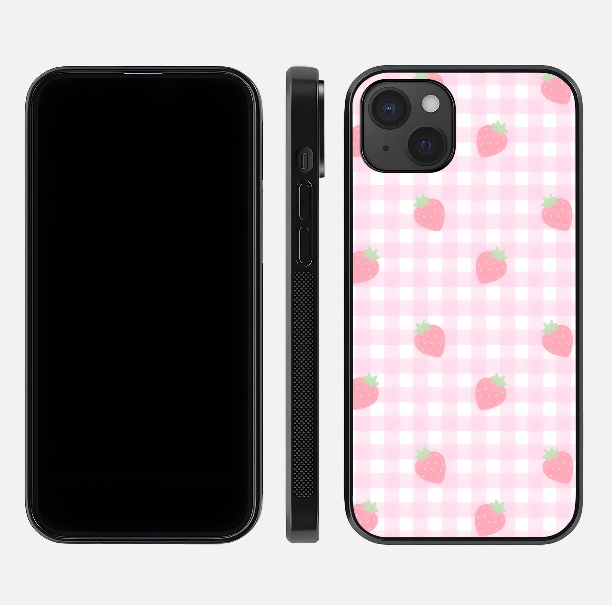 Strawberry Picnic Love iPhone 15 Plus glass phone case front and side layout view showing slim profile and full picnic design