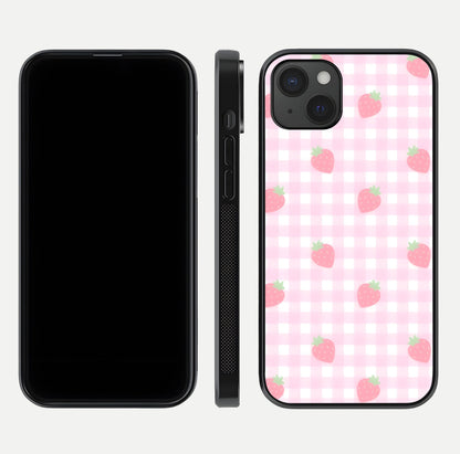 Strawberry Picnic Love iPhone 15 Plus glass phone case front and side layout view showing slim profile and full picnic design