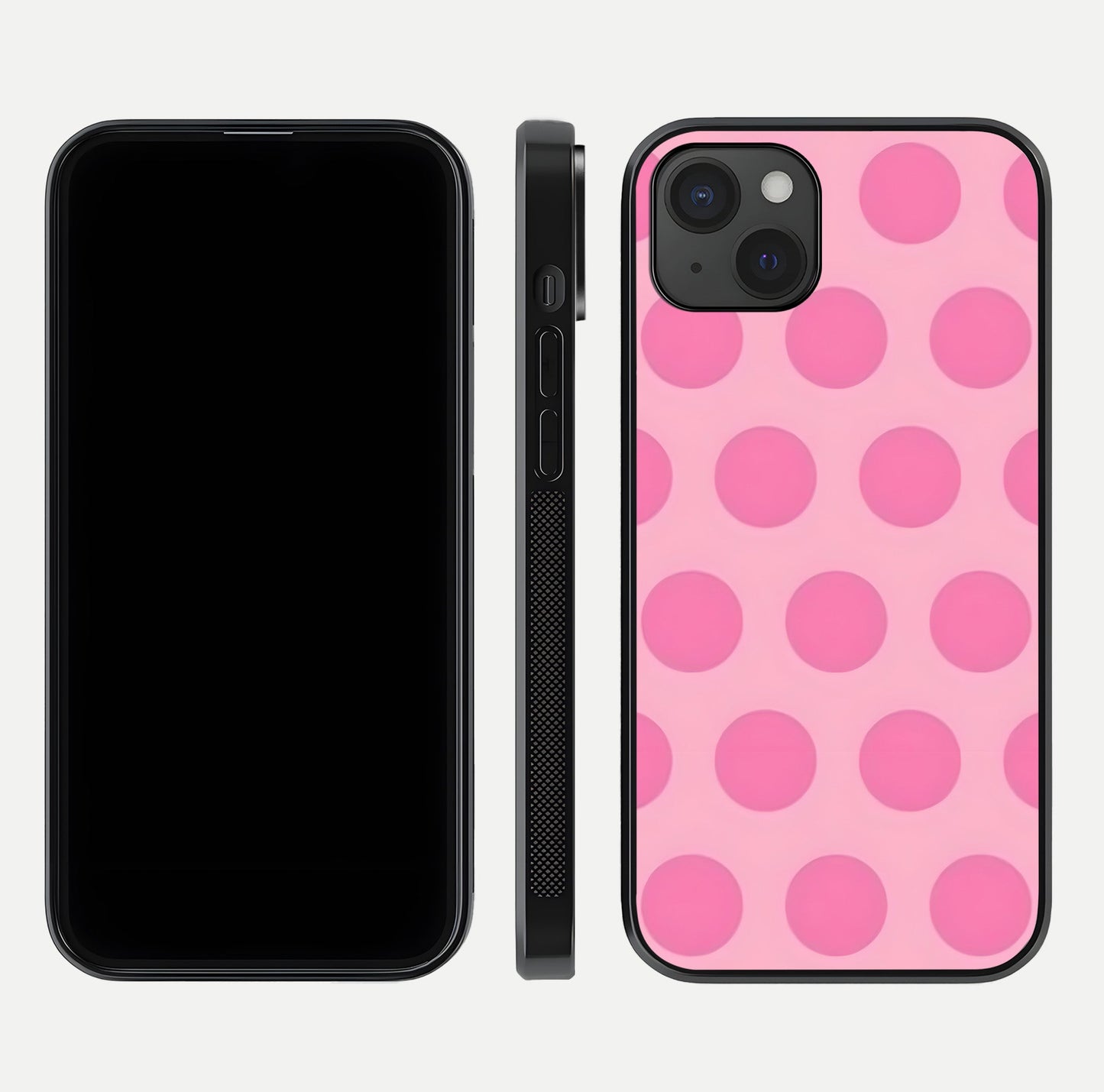 Sweet Dot Dreams iPhone 15 Plus glass phone case front and side layout view displaying slim build and full dot design