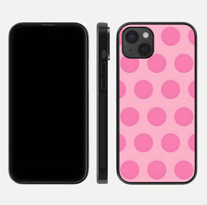 Sweet Dot Dreams iPhone 15 Plus glass phone case front and side layout view displaying slim build and full dot design