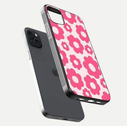 Blush Flower Pop iPhone 15 Plus glass phone case floating view emphasizing premium build and vibrant flower artwork