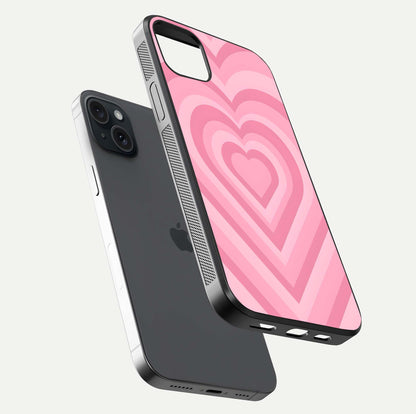 Blush Heart Waves iPhone 15 Plus glass phone case floating view emphasizing glossy finish and layered heart design
