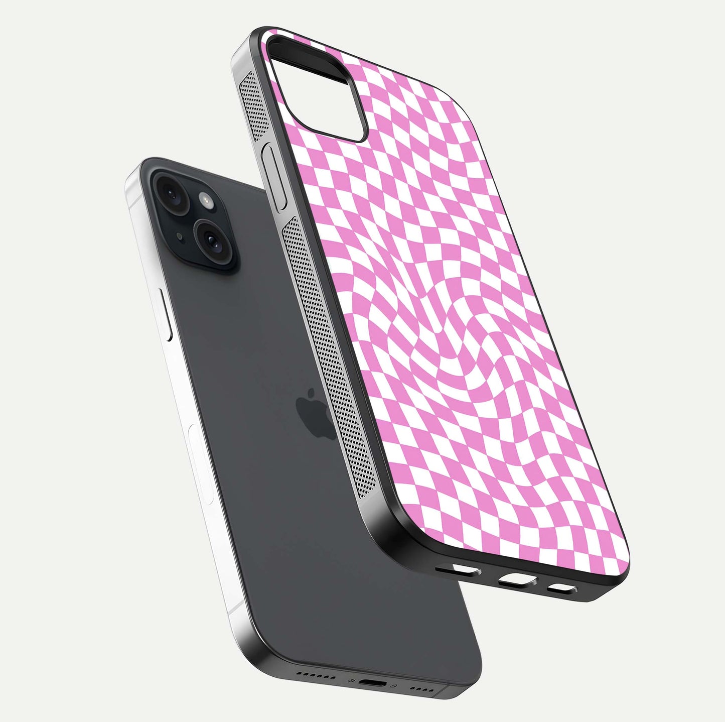 Bubblegum Check Wave iPhone 15 Plus glass phone case floating view emphasizing premium glass finish and vibrant design