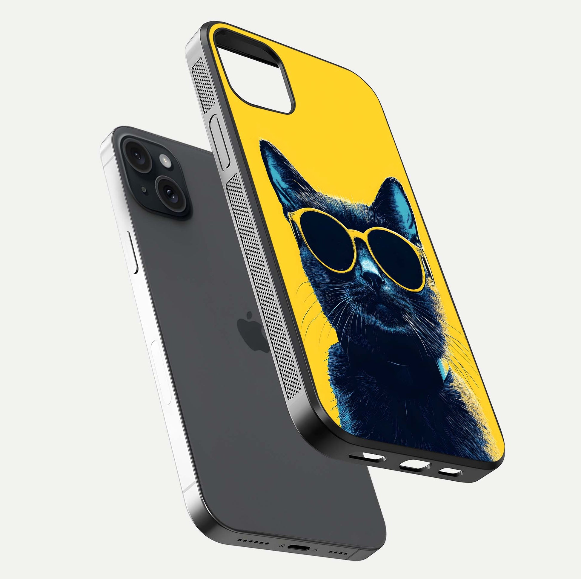 Cool Cat Vibes iPhone 15 Plus glass phone case floating view emphasizing glossy finish and fun cat vibe