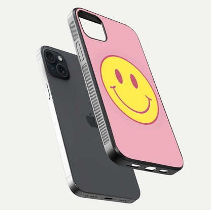 Happy Pink Mood iPhone 15 Plus glass phone case floating view emphasizing glossy finish and joyful color palette
