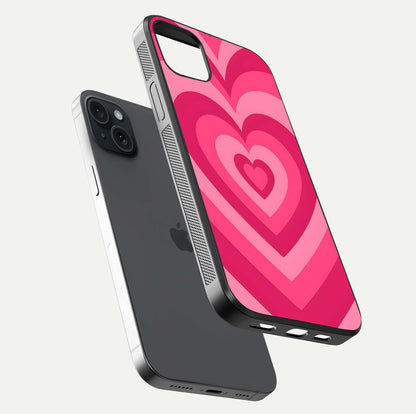 Layered Love Hearts iPhone 15 Plus glass phone case floating view emphasizing glossy surface and layered heart details
