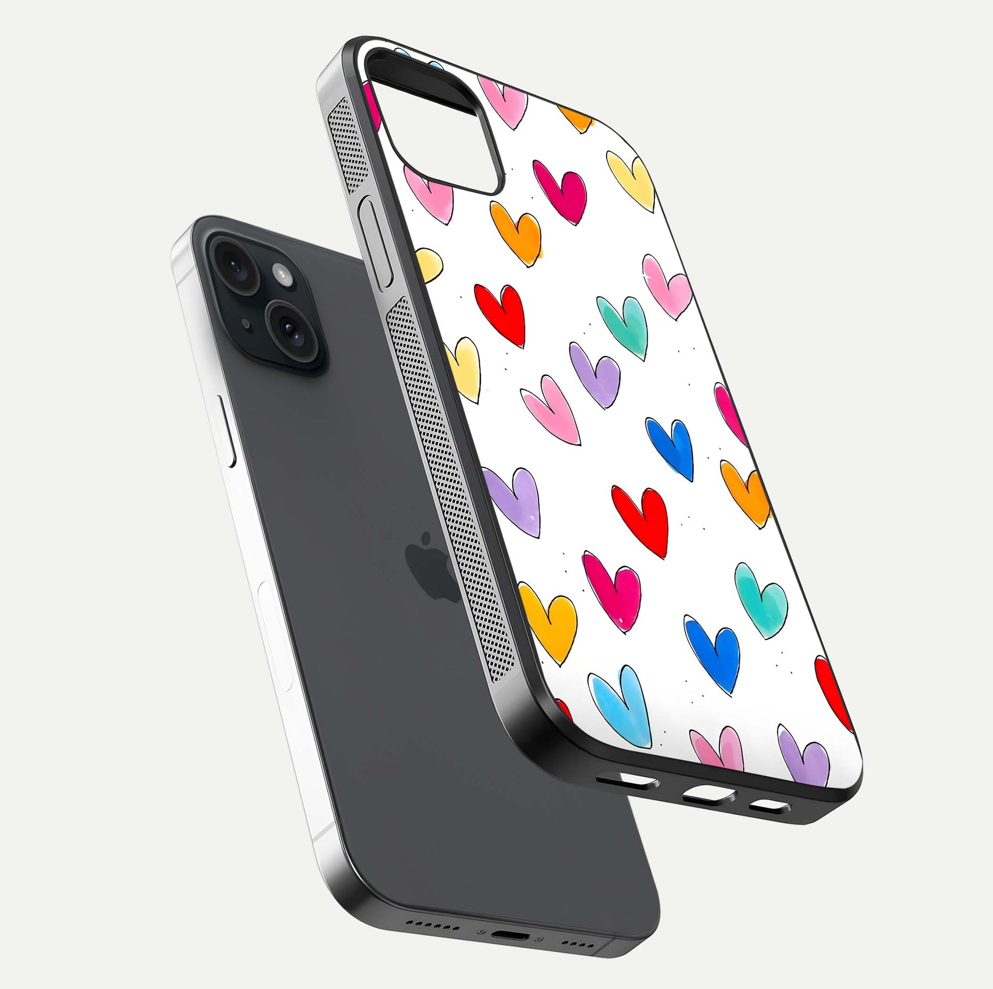 Playful Love Doodles iPhone 15 Plus glass phone case floating view emphasizing glossy finish and playful design