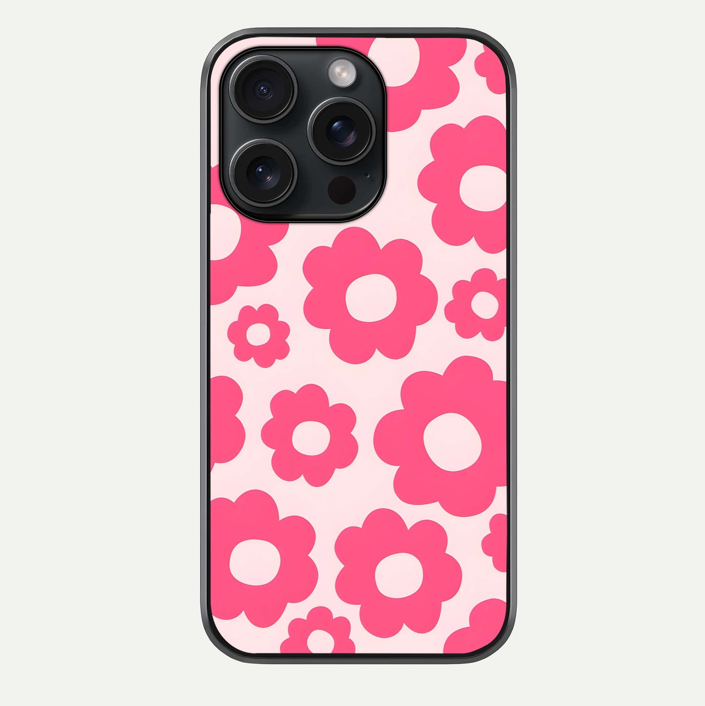 Blush Flower Pop iPhone 15 Pro glass phone case front view featuring playful blush floral artwork with glossy finish