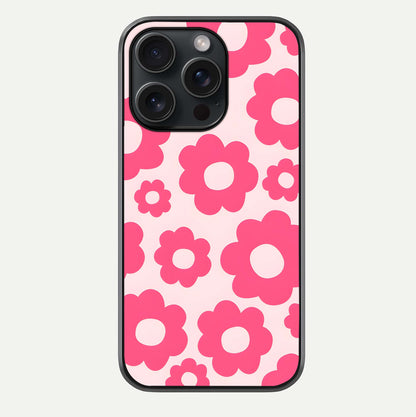 Blush Flower Pop iPhone 15 Pro glass phone case front view featuring playful blush floral artwork with glossy finish