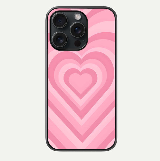 Blush Heart Waves iPhone 15 Pro glass phone case front view showcasing flowing heart wave patterns in soft blush tones