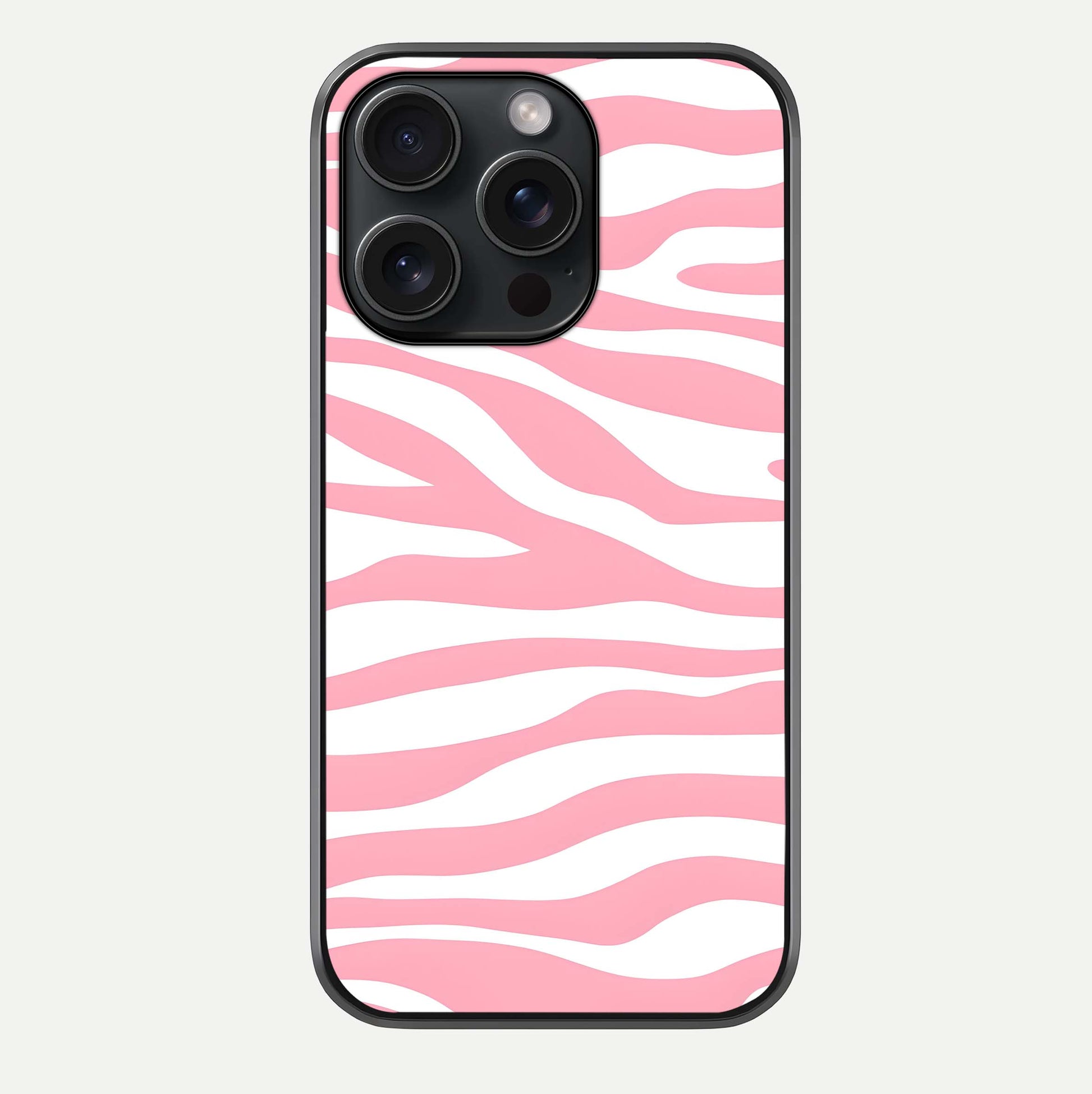 Blush Zebra Flow iPhone 15 Pro glass phone case front view featuring modern zebra flow pattern in blush tones