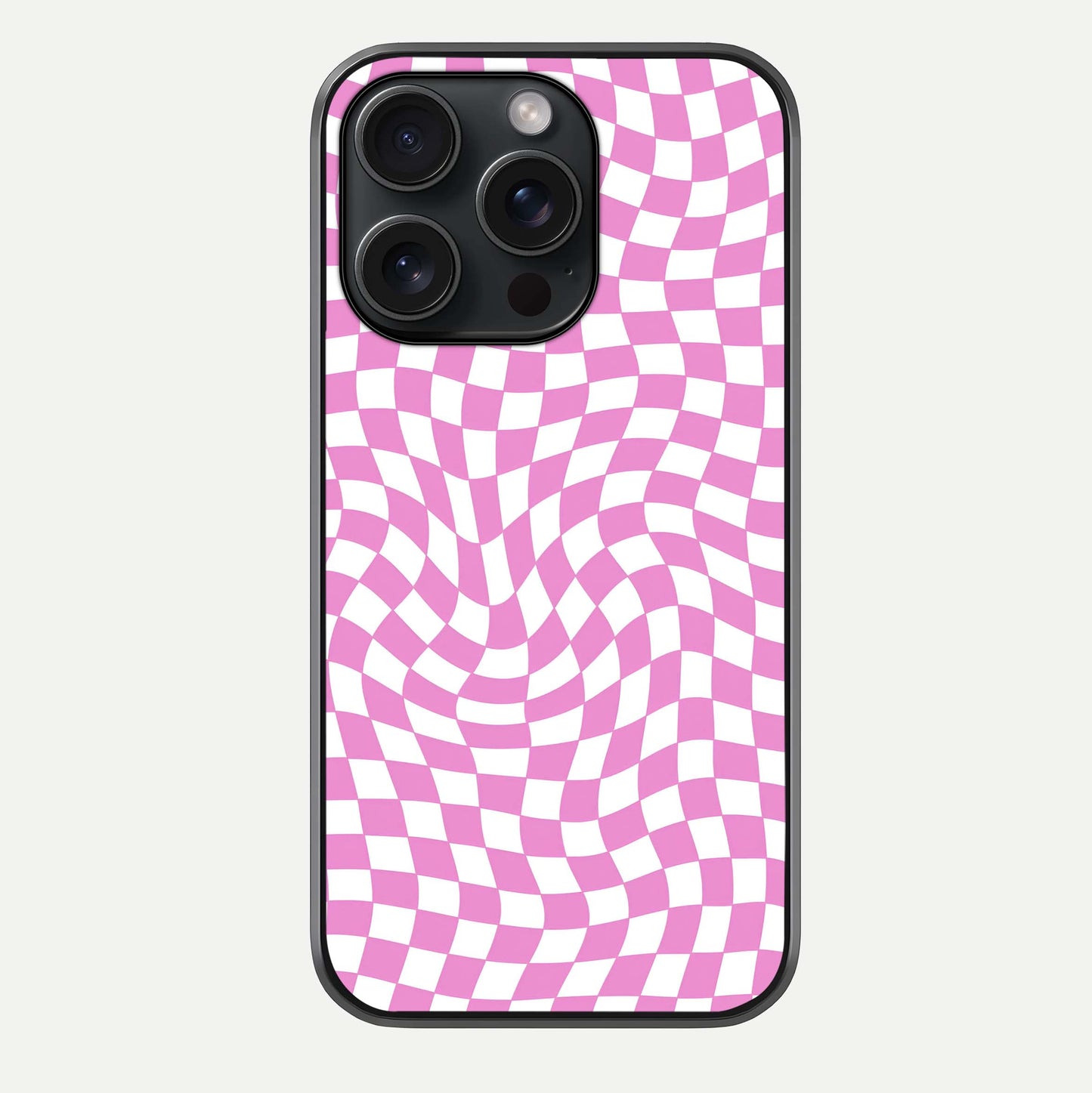 Bubblegum Check Wave iPhone 15 Pro glass phone case front view showcasing playful bubblegum check wave pattern with glossy finish