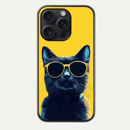 Cool Cat Vibes iPhone 15 Pro glass phone case front view featuring playful cat illustration with cool aesthetic tones