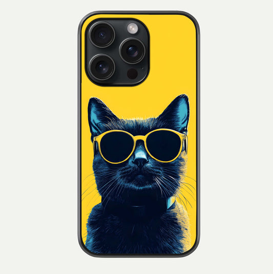 Cool Cat Vibes iPhone 15 Pro glass phone case front view featuring playful cat illustration with cool aesthetic tones