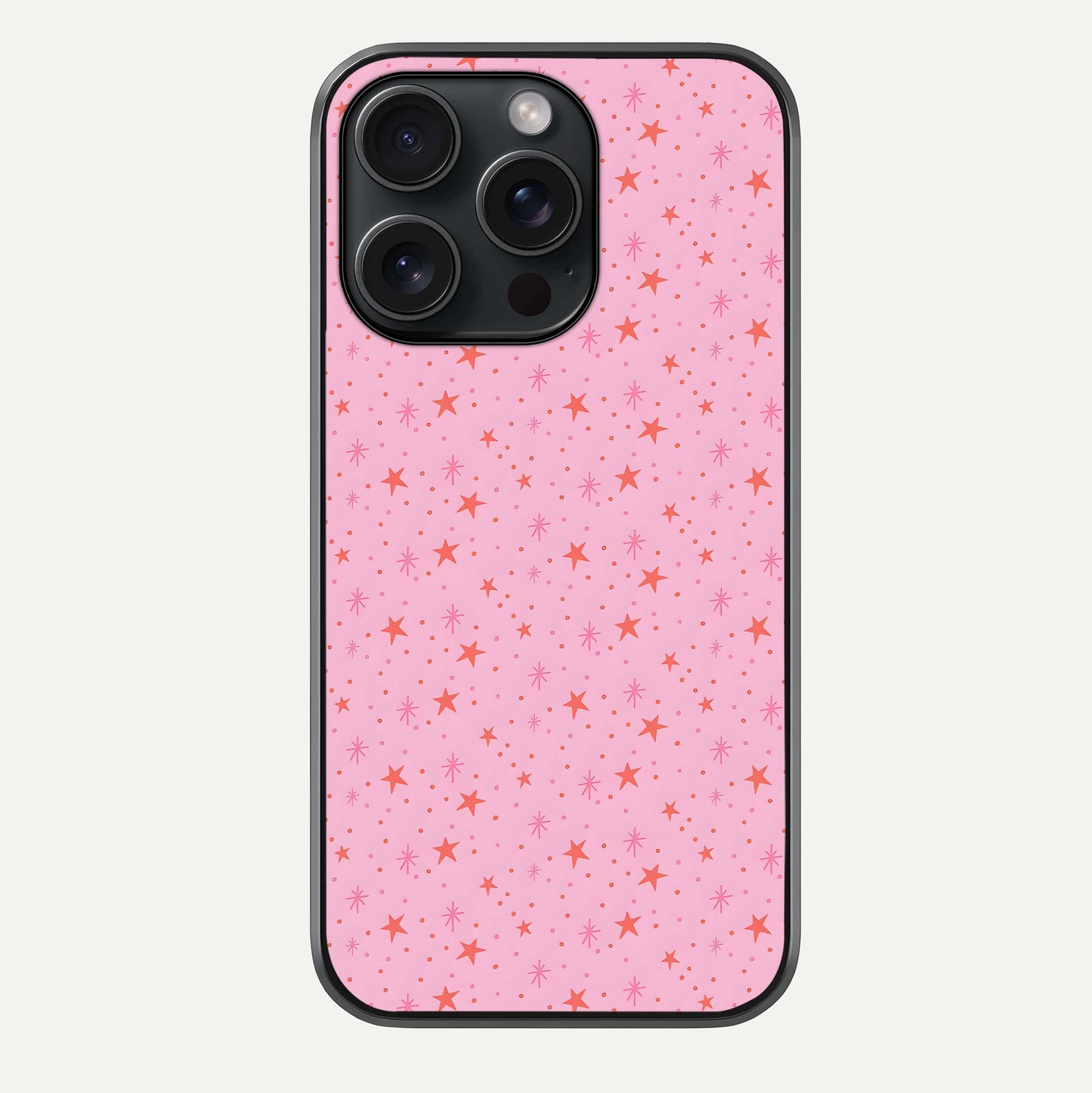 Cosmic Pink Sparkle iPhone 15 Pro glass phone case front view showcasing shimmering pink cosmic artwork with glossy finish