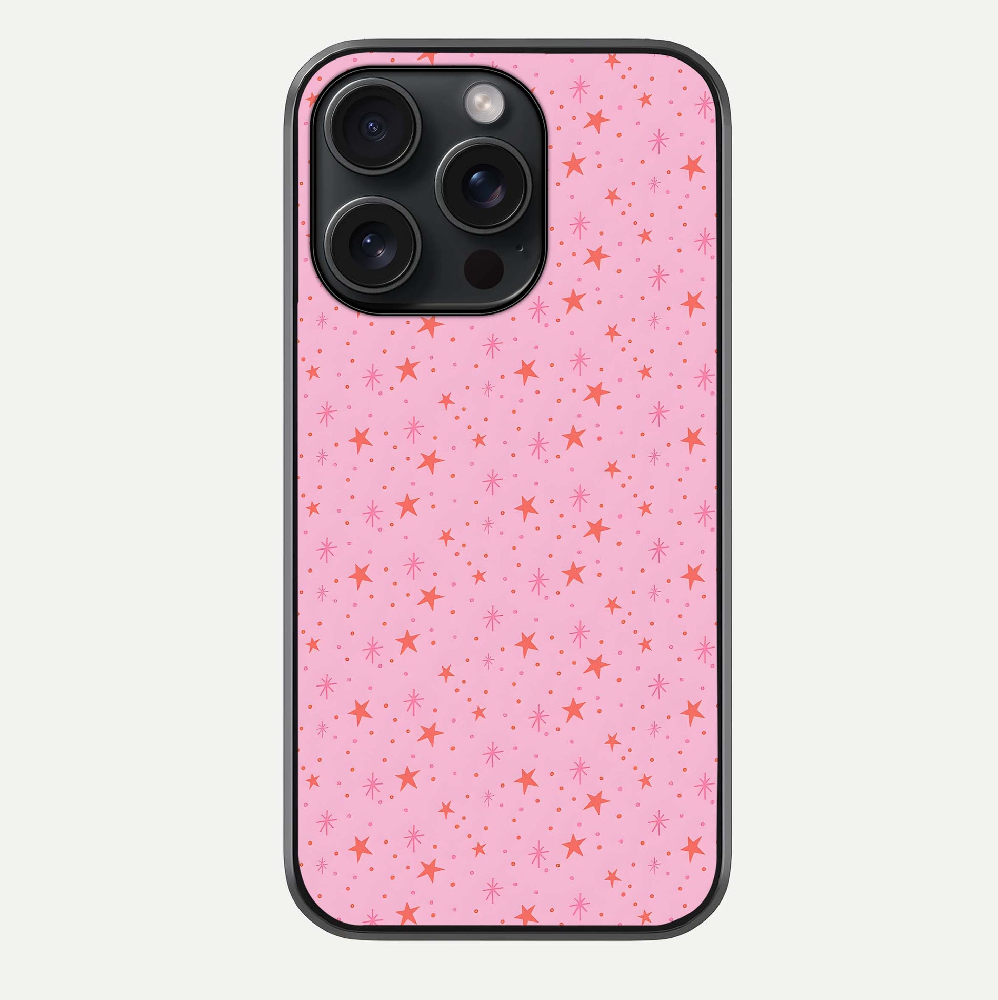 Cosmic Pink Sparkle iPhone 15 Pro glass phone case front view showcasing shimmering pink cosmic artwork with glossy finish