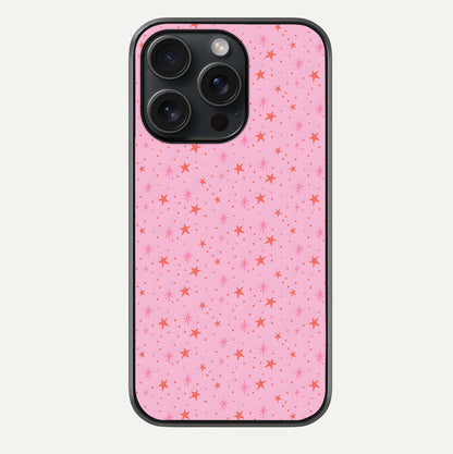 Cosmic Pink Sparkle iPhone 15 Pro glass phone case front view showcasing shimmering pink cosmic artwork with glossy finish