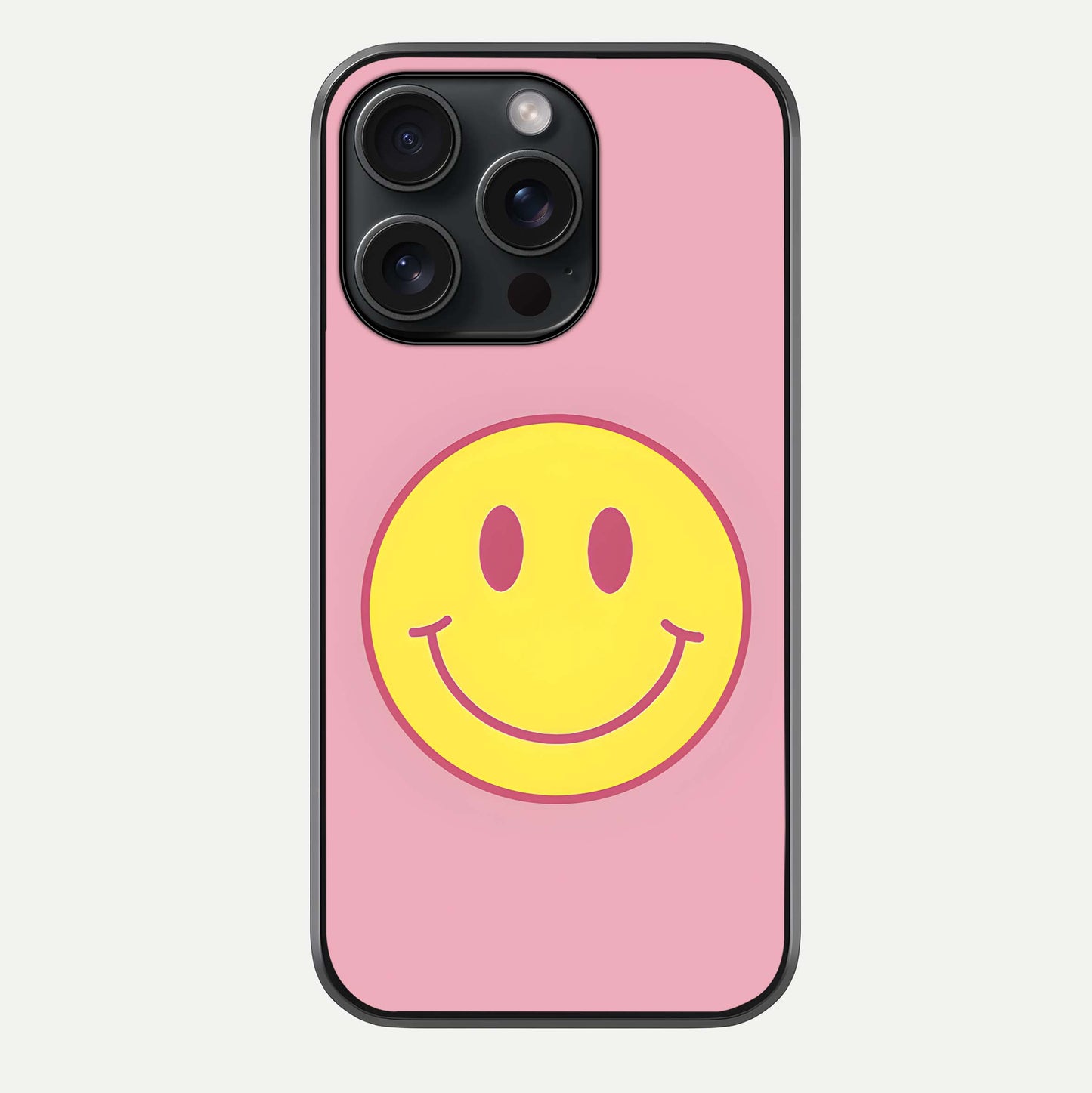 Happy Pink Mood iPhone 15 Pro glass phone case front view featuring cheerful pink tones and playful aesthetic design