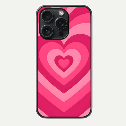 Layered Love Hearts iPhone 15 Pro glass phone case front view showcasing layered heart patterns with romantic aesthetic