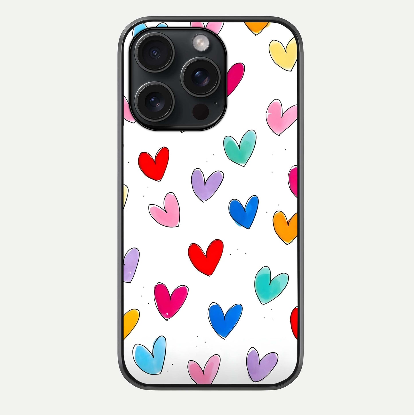 Playful Love Doodles iPhone 15 Pro glass phone case front view featuring cute love doodle illustrations with fun vibe