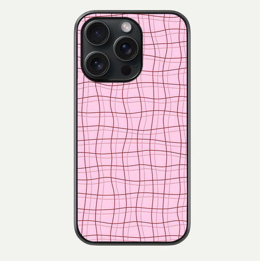 Soft Grid Bliss iPhone 15 Pro glass phone case front view showcasing minimal grid pattern with soft aesthetic