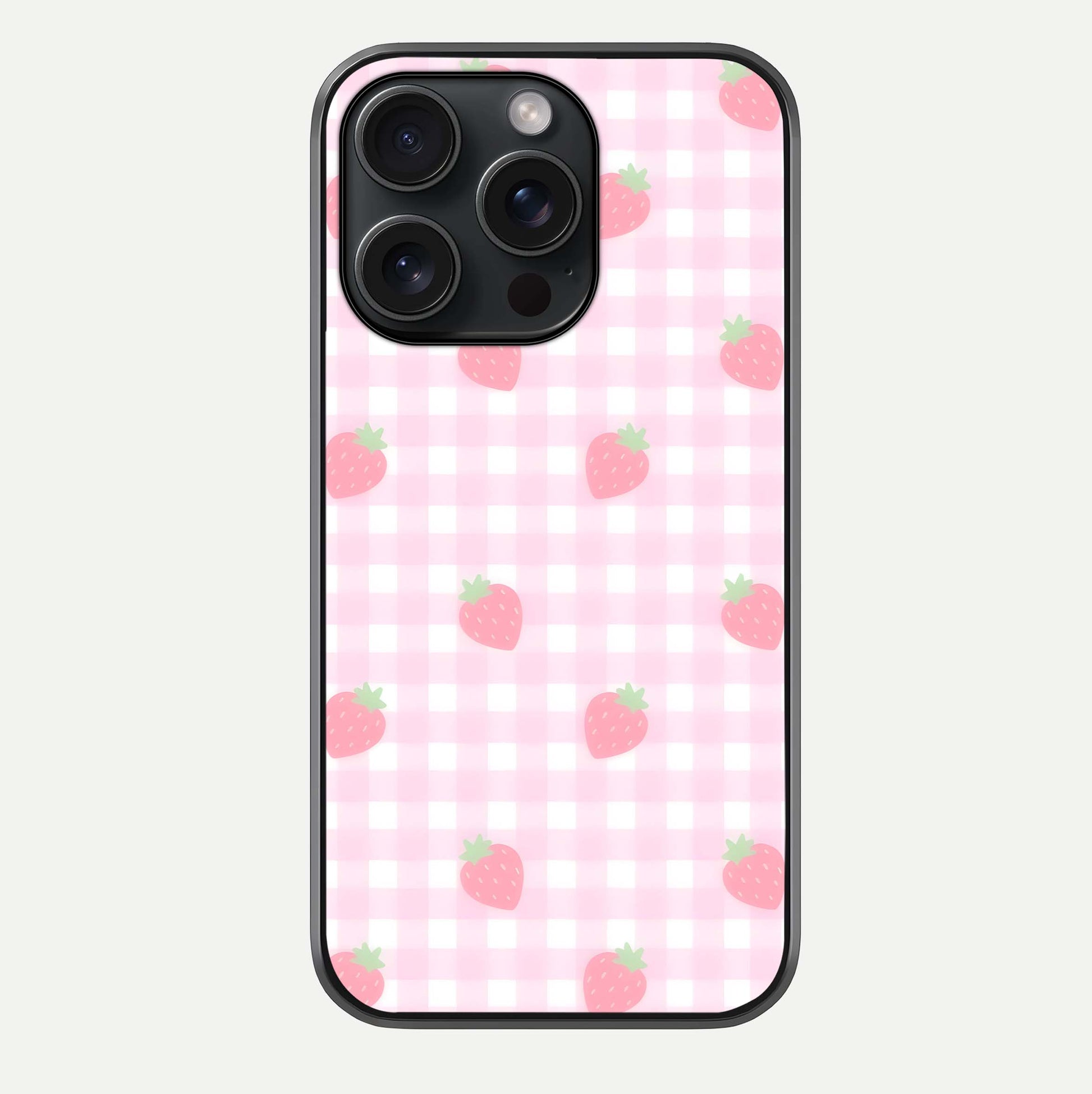 Strawberry Picnic Love iPhone 15 Pro glass phone case front view featuring cute strawberry picnic artwork with romantic vibe