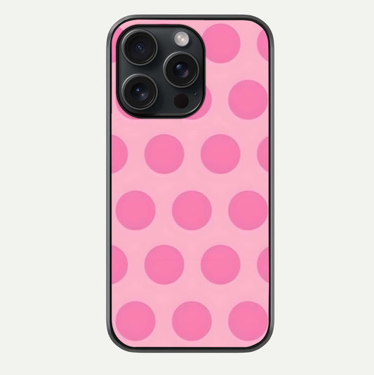 Sweet Dot Dreams iPhone 15 Pro glass phone case front view showcasing playful dot patterns with dreamy aesthetic